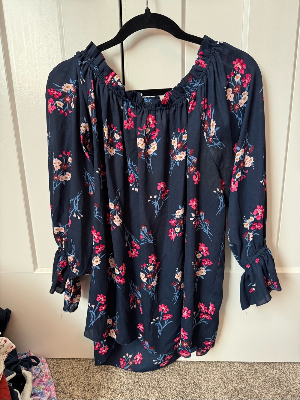 Violet & Claire Navy Floral Peasant Tunic with Pink Accents